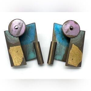 Vintage Artist Signed Bronze Industrial Techno Romantic Statement Earrings